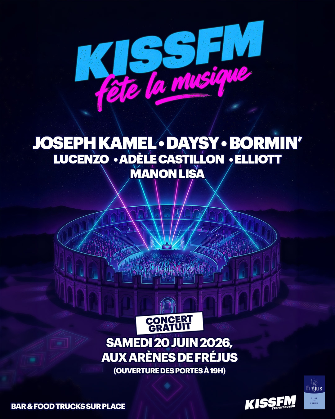 Kiss FM fête la musique aux arènes de Fréjus : visuel d'annonce décliné en story, post et bannière.